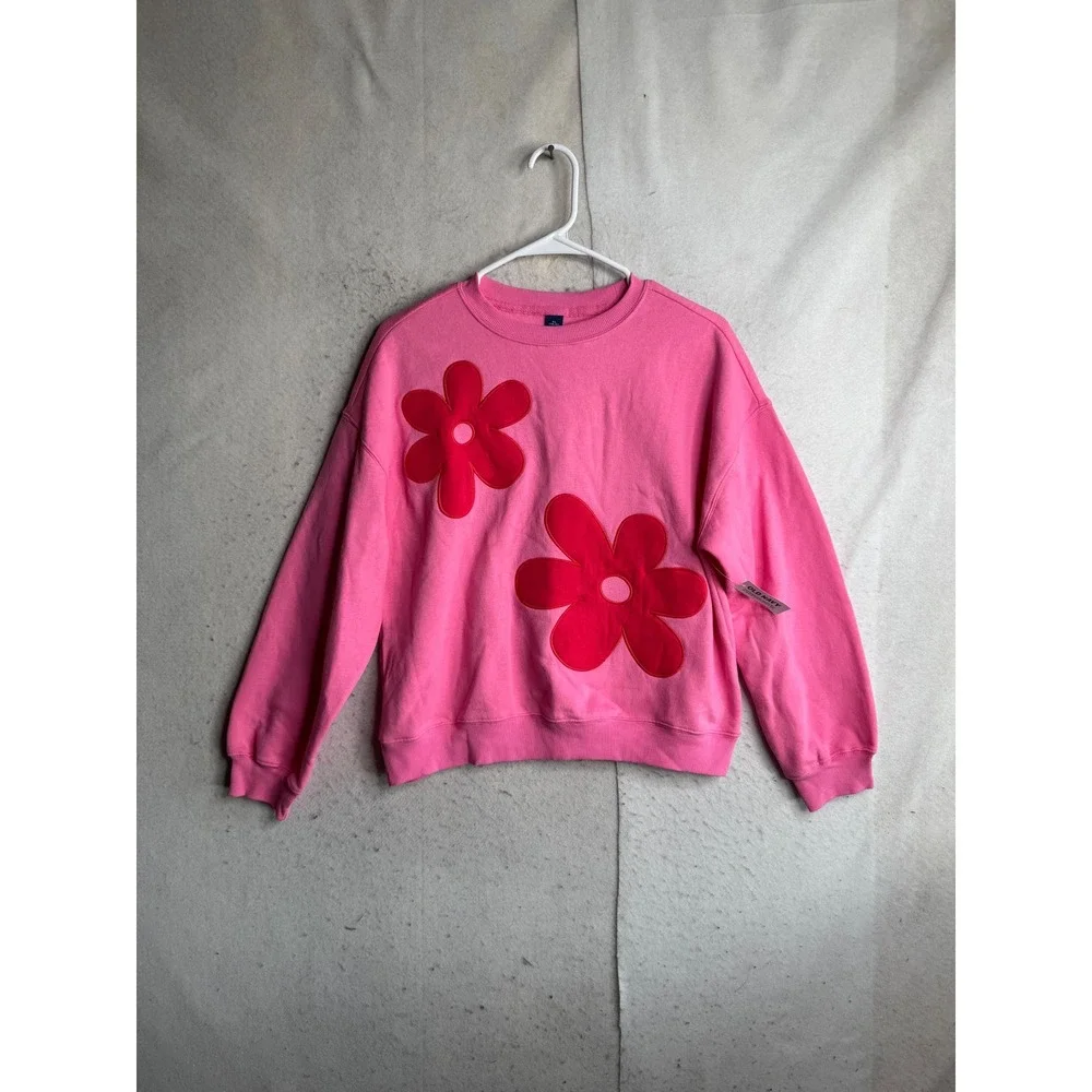 NWT Old Navy Girls Pink Floral Applique Fleece Sweatshirt XL 14-16 787768-01-1